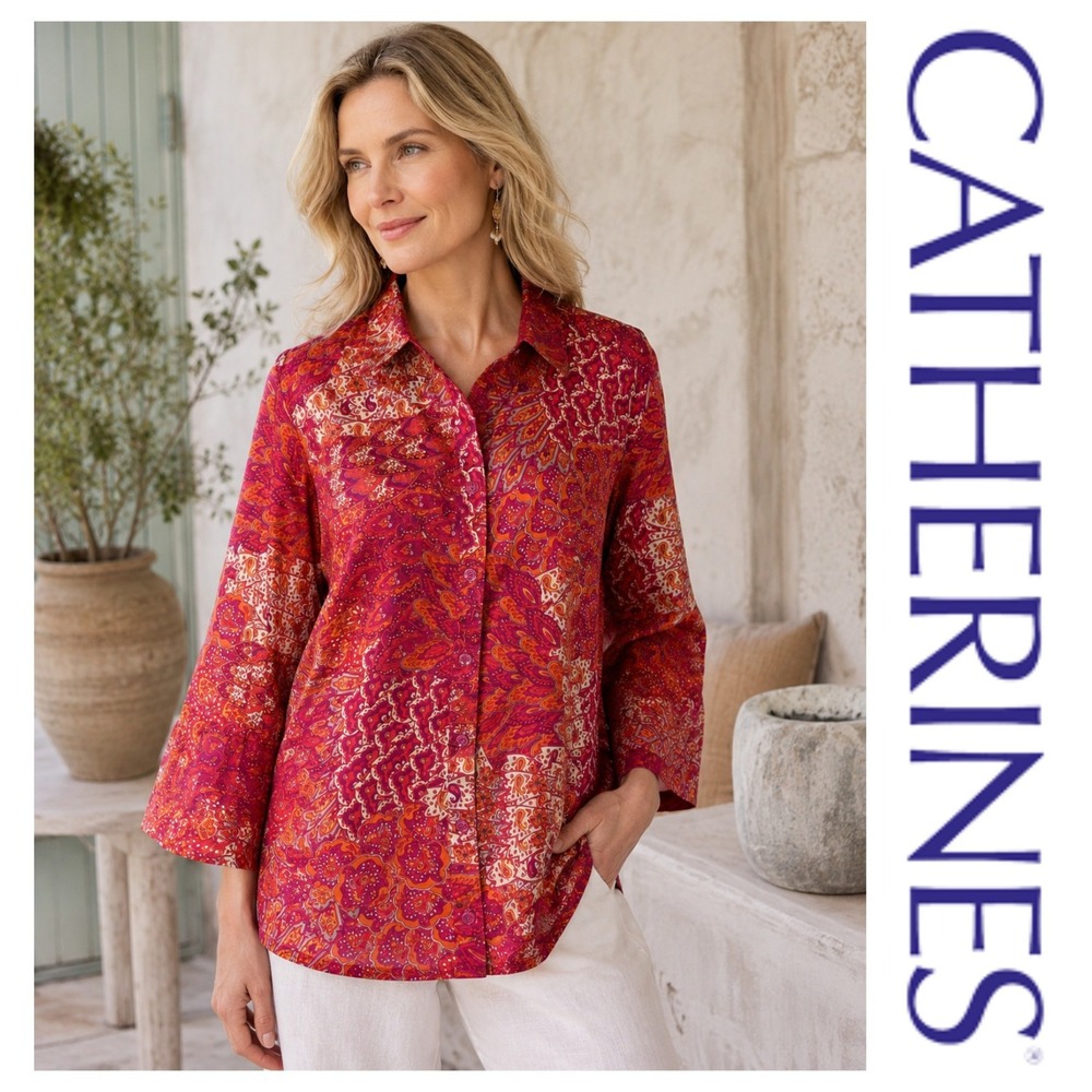 Catherines Pink Orange Paisley Button Down 3/4 Sleeve Blouse Shirt Plus Size 2X